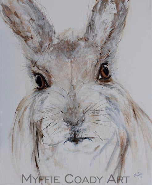 Rabbit / hare, animal art, acrylic and charcoal on canvas - Myffie Coady Australian artist – contemporary art & paintings for interior design & home décor
