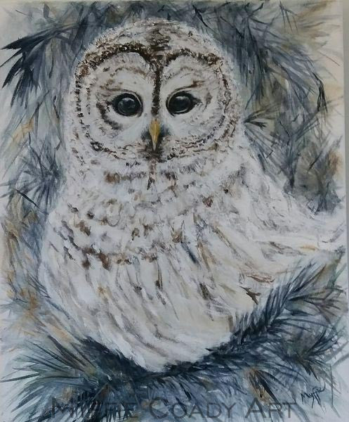 Owl bird, animal art, acrylic and charcoal on canvas - Myffie Coady Australian artist – contemporary art & paintings for interior design & home décor