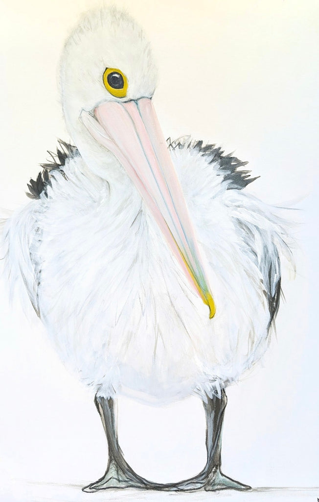 Detail of pelican painting The Waddler showing expressive mark-making and soft tonal feather work