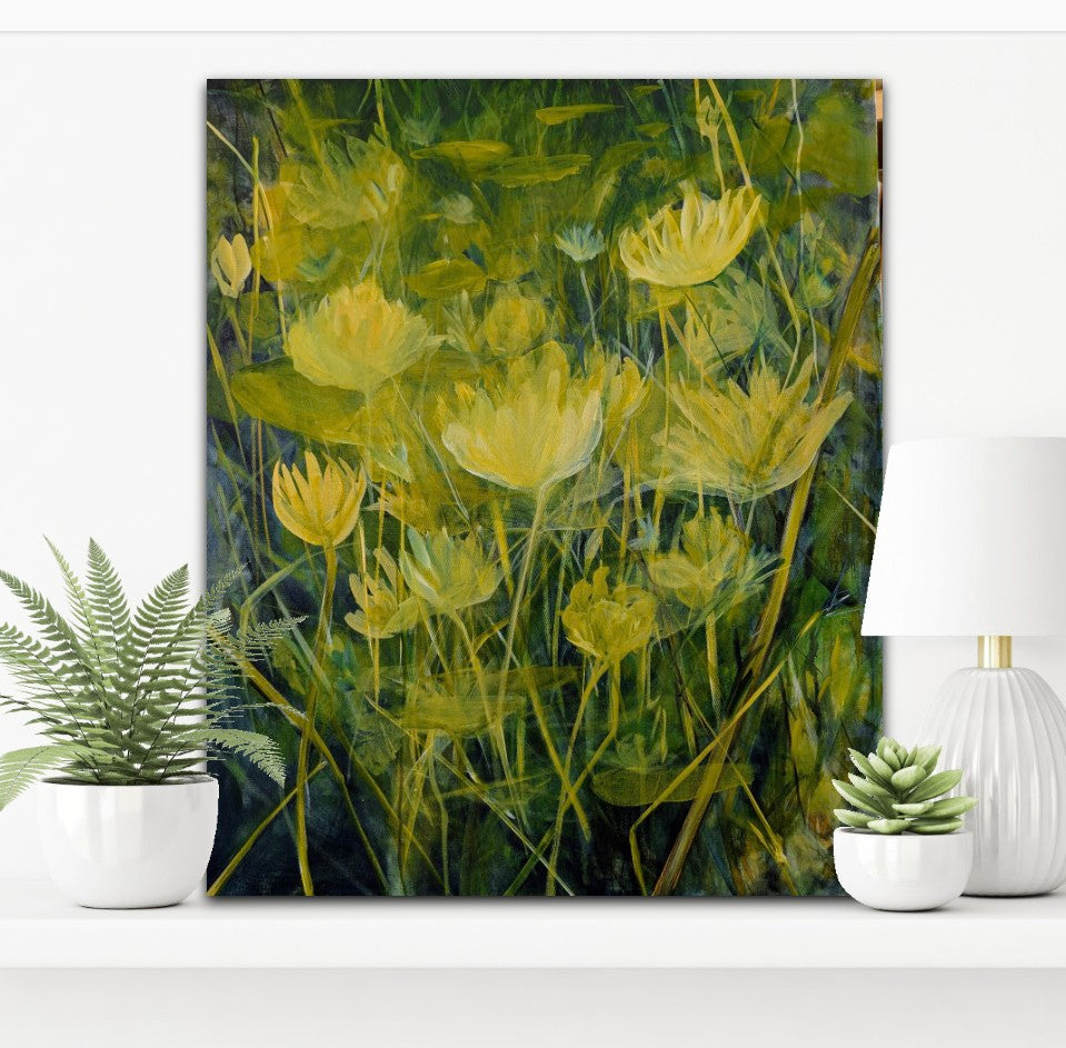 Floral pond bloom painting with yellow flowers on a white wall, flanked by potted plants.
