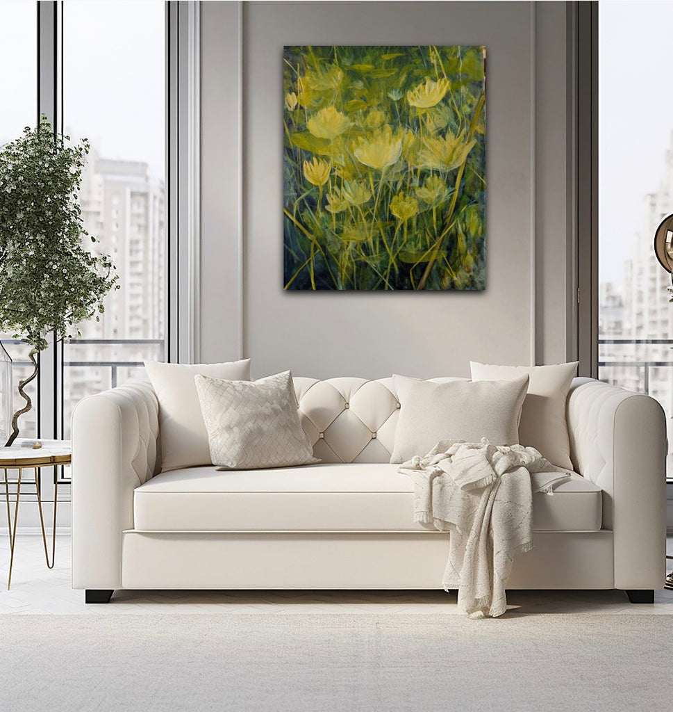 White sofa with decorative pillows and a blanket in a modern living room with apond bloom  painting on the wall.