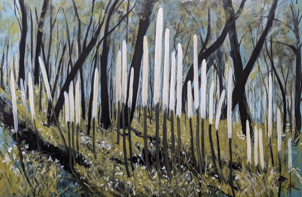 “Renewal,” an original painting by Myffie Coady showing charred tree trunks emerging from a glowing, layered landscape that suggests regrowth after fire.