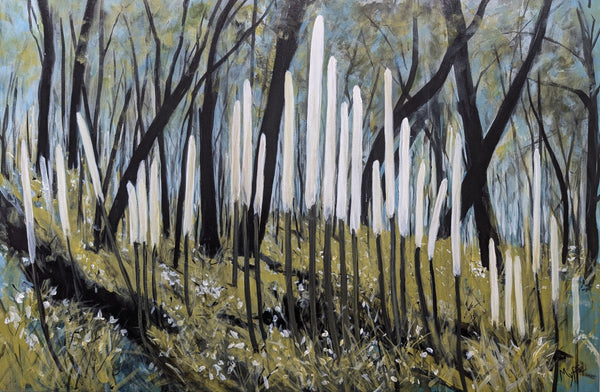 “Renewal,” an original painting by Myffie Coady showing charred tree trunks emerging from a glowing, layered landscape that suggests regrowth after fire.
