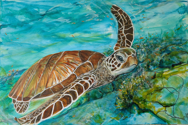 Painting of a turtle swimming in an underwater scene with green and blue colors.