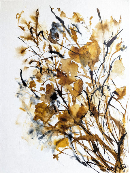 Original floral painting by Myffie Coady showing pale autumn blooms in soft earthy tones on a textured background.