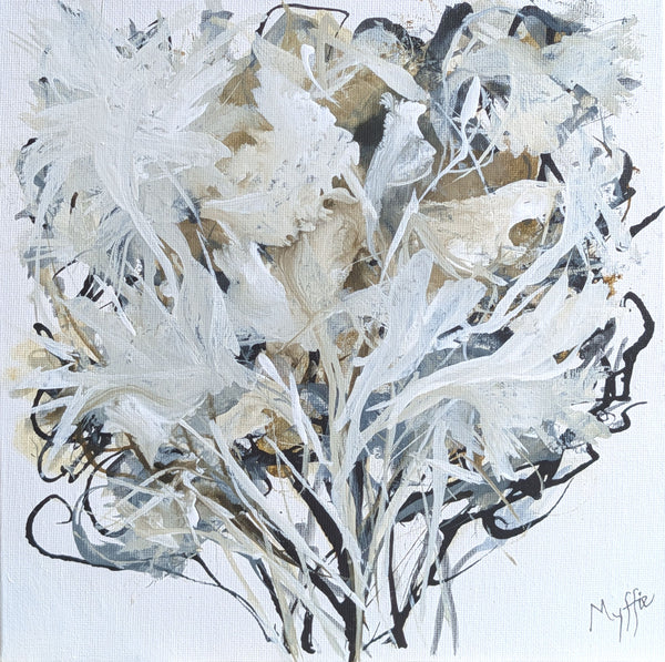 Original Cream Bouquet floral painting by Myffie Coady in soft cream, beige and grey tones.