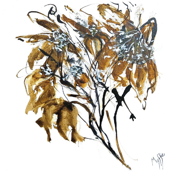 Original floral painting Last Dance by Myffie Coady featuring delicate seed heads, flower  and drifting stems in ochre tones.