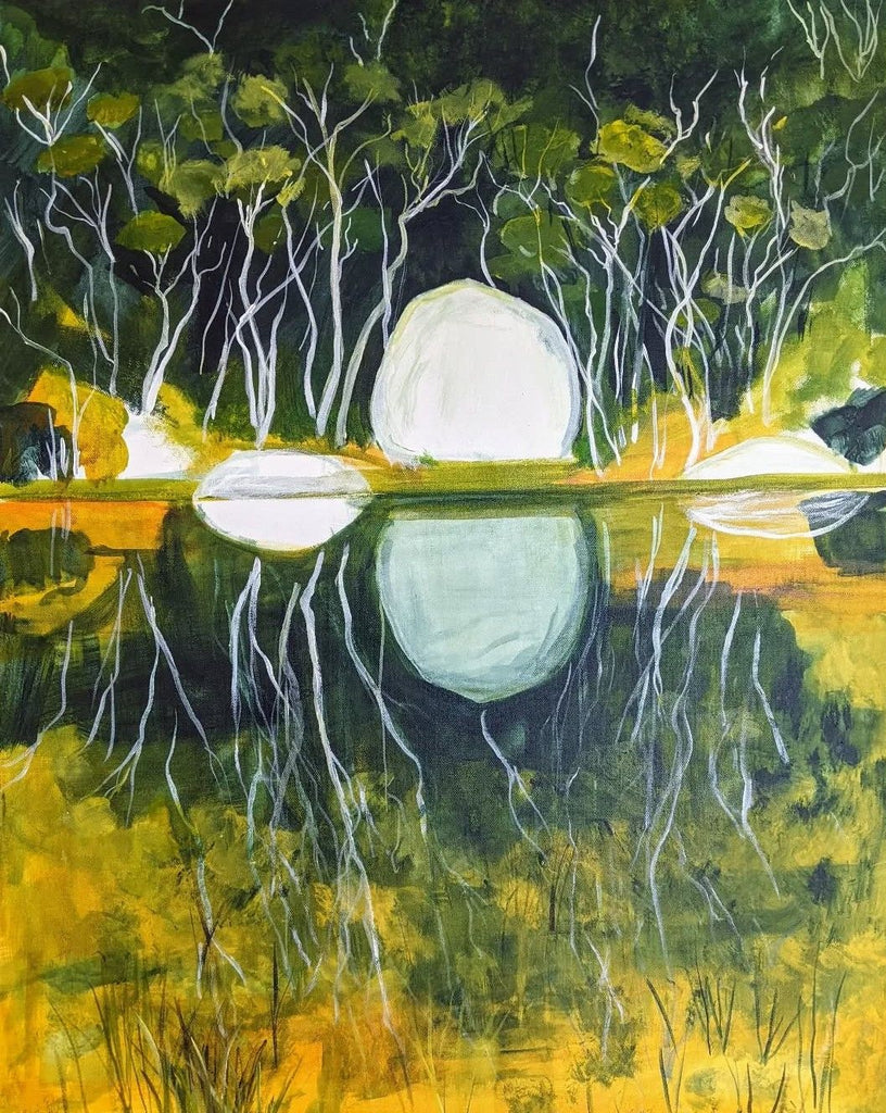 "Moon Rocks in Tidal Waters "an original painting by Myffie Coady featuring moon rocks and reflections