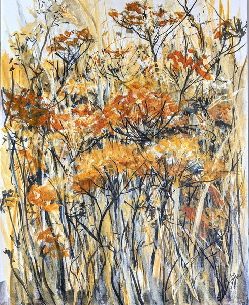 Original painting Mount Hotham Blooms by Myffie Coady showing pale alpine flowers against a misty, grey-toned landscape.