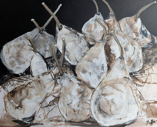 Original still life pear painting by Australian artist Myffie Coady, featuring textured neutral tones and organic forms