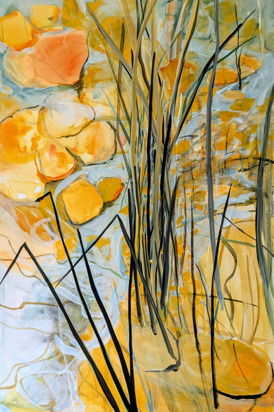 "Shaped by Water" an original painting by Myffie Coady featuring textured,layered forms inspired by water and landscape.