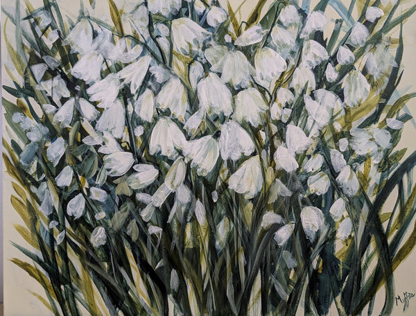 Snowdrops original painting by Myffie Coady — white delicate blooms on an earthy, atmospheric background