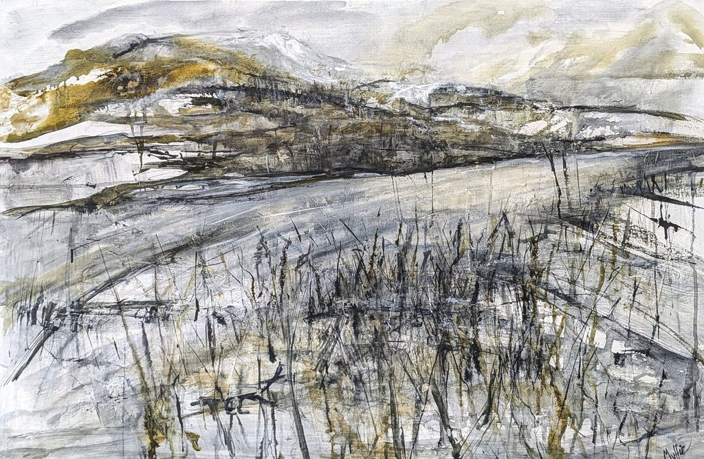 Abstract grey and white painting with soft textured layers resembling fractured ice and frost, titled “Sub Zero.”