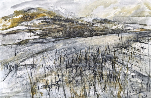 Abstract grey and white painting with soft textured layers resembling fractured ice and frost, titled “Sub Zero.”