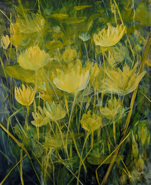 Pond blooms painting inspired by water lily blooms, contemporary artwork by Myffie Coady