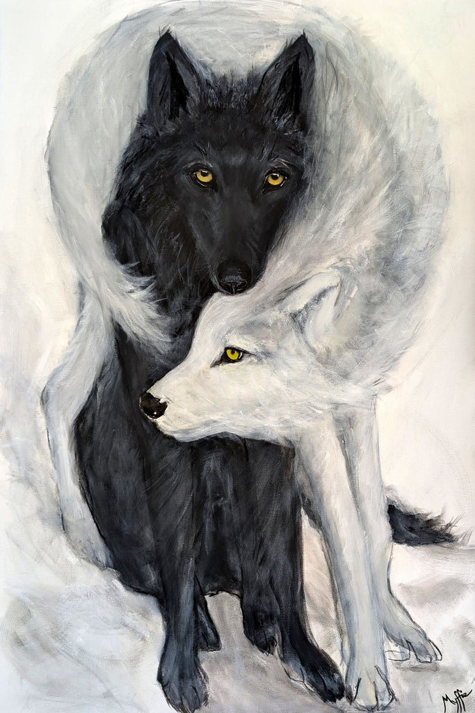 Wolves painting titled Yin and Yang by Australian artist Myffie Coady, featuring two wolves protecting each other in an embrace